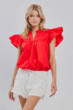 Plus Solid Short Flutter Sleeve Poplin Blouse