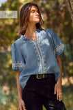 Plus Solid Embroidered Short Bubble Sleeve Blouse