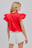 Plus Solid Short Flutter Sleeve Poplin Blouse