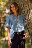 Plus Solid Embroidered Short Bubble Sleeve Blouse