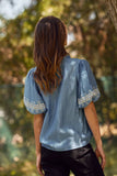 Plus Solid Embroidered Short Bubble Sleeve Blouse