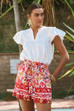 Plus Solid Short Flutter Sleeve Poplin Blouse