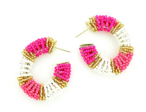 Sean Earring: Gold, Hot Pink & White Beaded