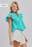Plus Solid Short Flutter Sleeve Poplin Blouse