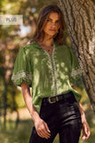 Plus Solid Embroidered Short Bubble Sleeve Blouse