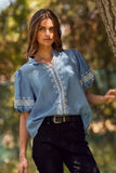 Plus Solid Embroidered Short Bubble Sleeve Blouse
