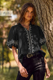 Plus Solid Embroidered Short Bubble Sleeve Blouse