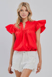 Plus Solid Short Flutter Sleeve Poplin Blouse