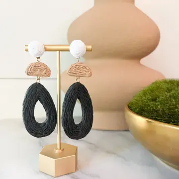 Black, Tan, & White Raffia Drop Statement Earrings